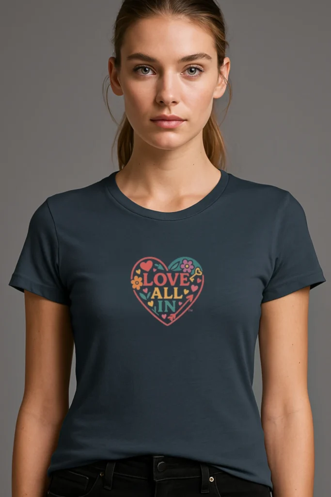 Love All In™, Heart, Women’s Graphic Tee T-Shirt, Boyfriend, Design 1