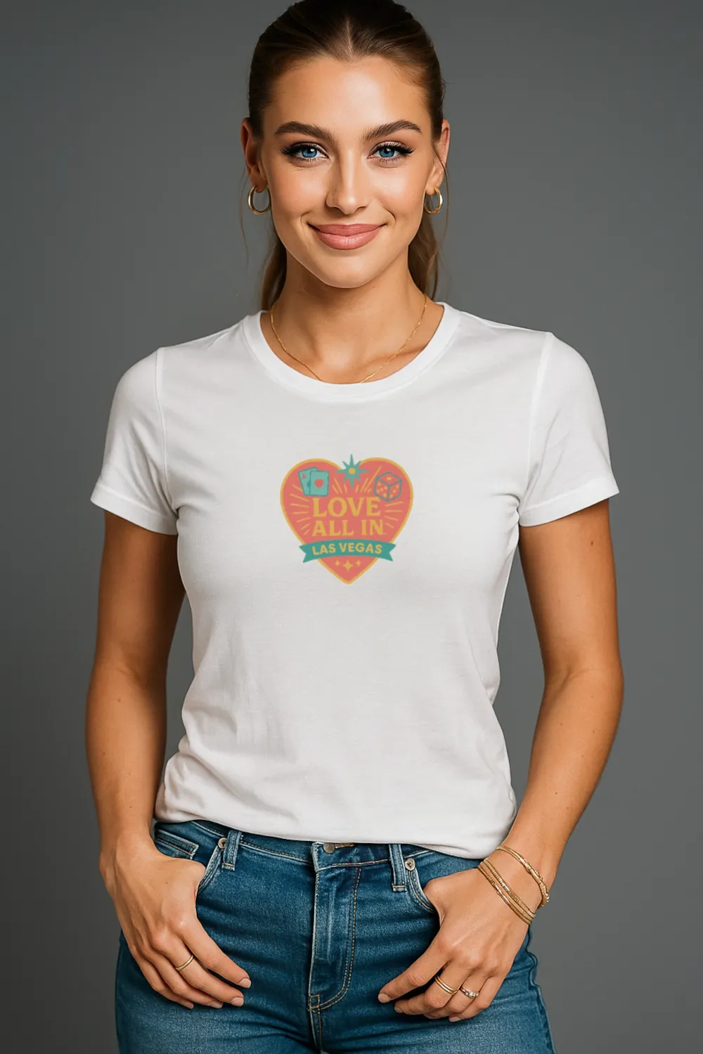 Love All In™ Las Vegas, Heart, Women's Graphic Tee T-Shirt, Boyfriend, Poker Cards, Dice, Design 1