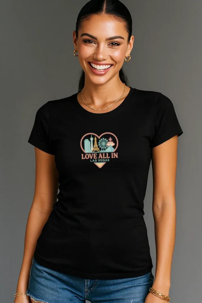 Love All In™ Las Vegas, Heart, Women's Graphic Tee T-Shirt, Boyfriend, Las Vegas Skyline, Design 3