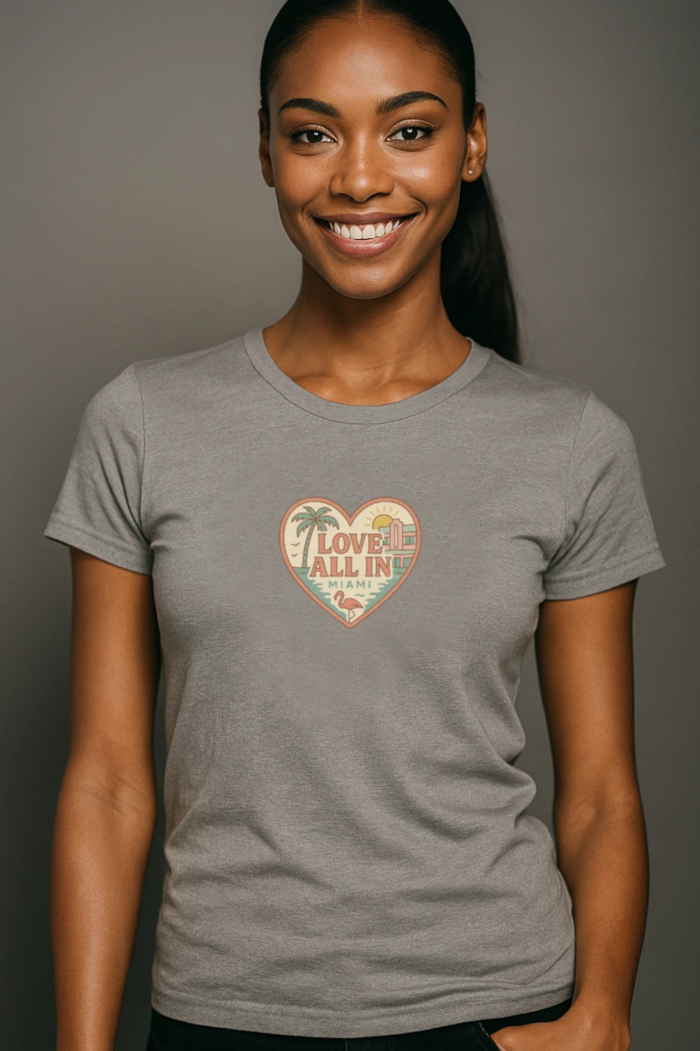 Love All In™ Miami, Heart, Women’s Graphic Tee T-Shirt, Boyfriend, Design 1 - Image 4