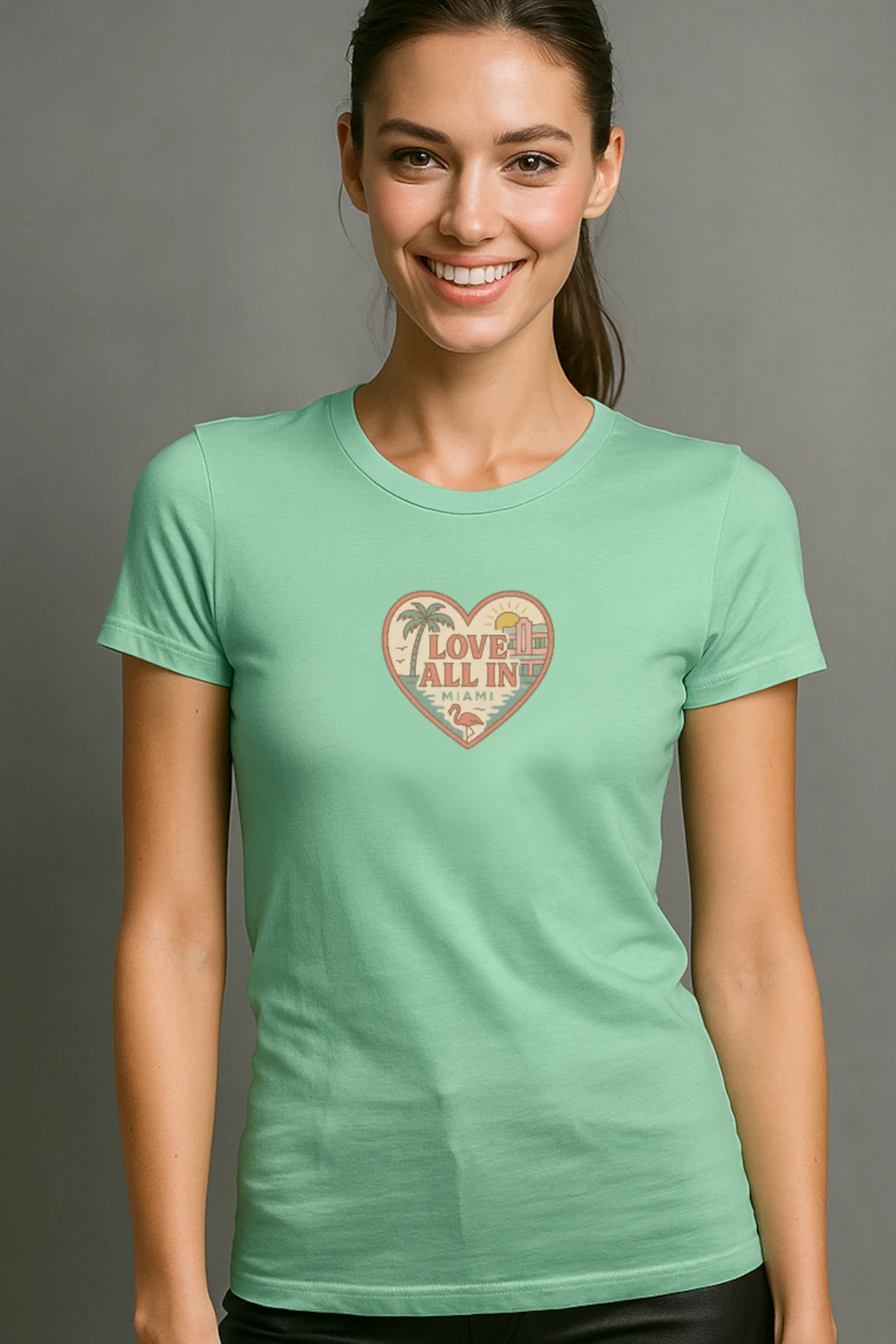 Love All In™ Miami, Heart, Women’s Graphic Tee T-Shirt, Boyfriend, Design 1