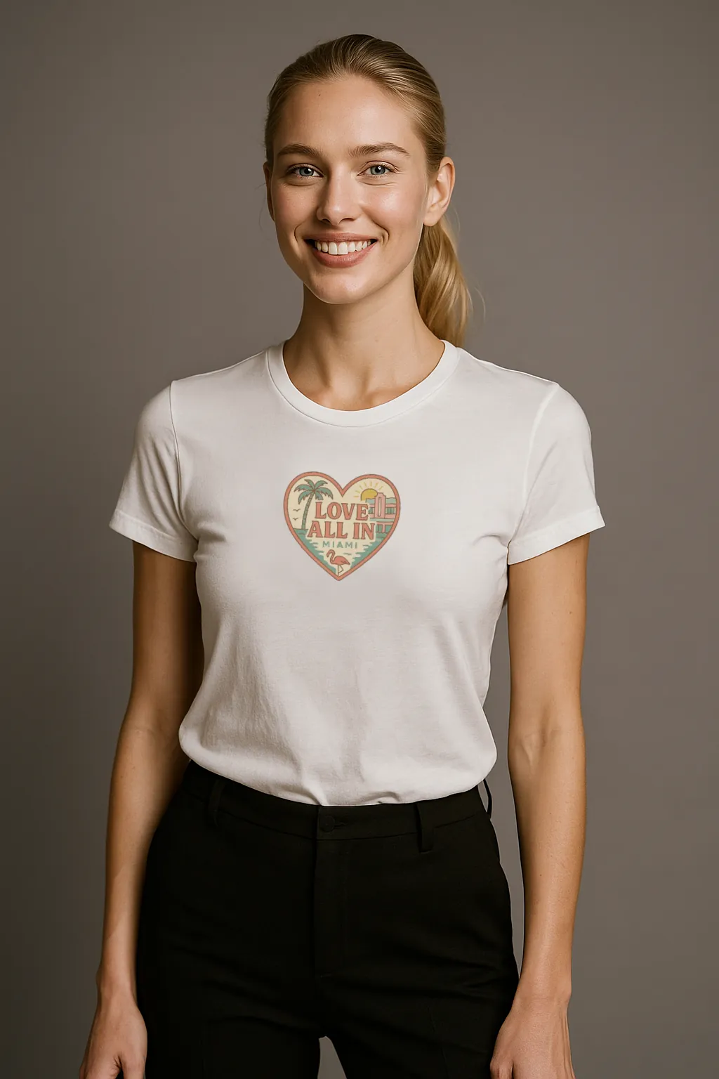 Love All In™ Miami, Heart, Women’s Graphic Tee T-Shirt, Boyfriend, Design 1 - Image 3